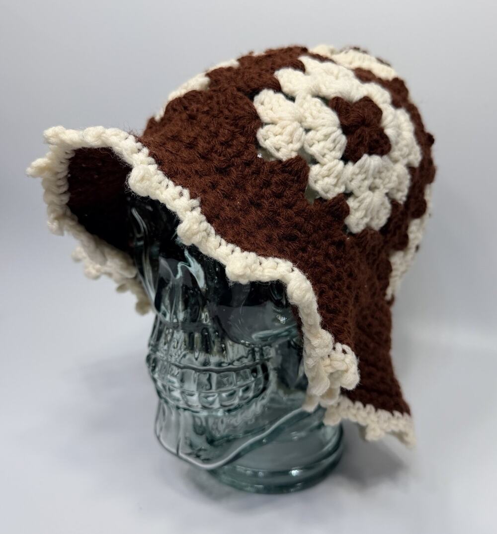 Vtg Crocheted Granny Square Folk Art Bucket Bell Hat Handmade Boho Festival USA